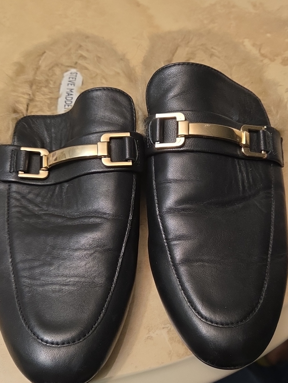Steve Madden Black Leather Slip-On Loafers with Gold Hardware
